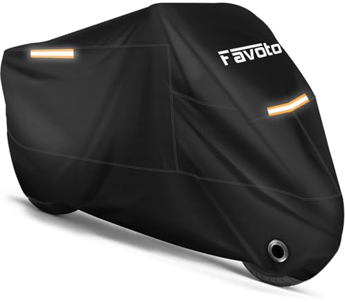 Favoto Motorcycle Cover All Season Universal Sturdy Material Waterproof Sun Outdoor Protection with Night Reflective Stripe Lock-Holes & Storage Bag Fits up to 86.6 Motorcycles Vehicle Cover