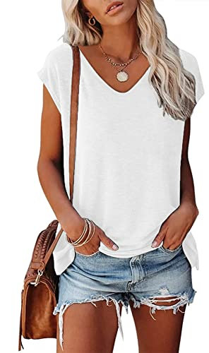 FANGJIN Women's Plain White V Neck T Shirt Summer Polyester Tunic Tops for Women UK Ladies Personalised Short Sleeve Jumpers Casual Tops for Women UK White Size M