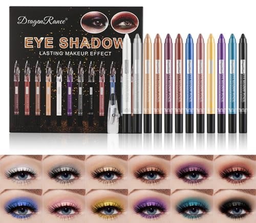 RoseFlower 12 Farben Wasserdicht Lidschatten Stift Set mit Anspitzer, Metallic Lidschattenstift Eyeliner, Glitter Lidschattenstift langanhaltend und Für Einfaches Auftragen, Make-up-Geschenk