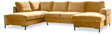 MIUFORM Ecksofa U Form mit Schlaffunktion und Bettkasten | Lofty Lilly | Wohnladschaft Couch Schlafcouch Wohnzimmer Gästezimmer | Samt Metallfüße (Senfgelb, Links ausgerichtet)