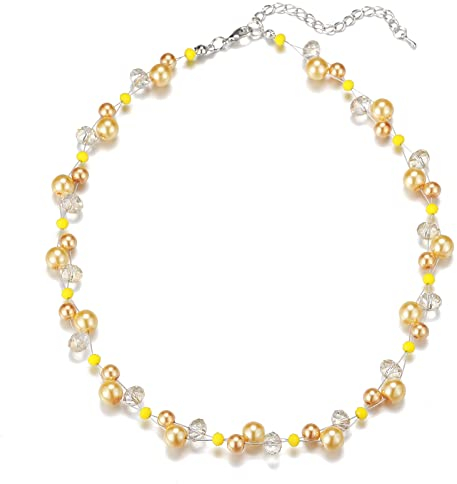 Bulinlin Damen Kristall Perlenkette Silber Boho Statement Choker Halskette für Frauen Modeschmuck Geburtstagsgeschenke(Yellow)