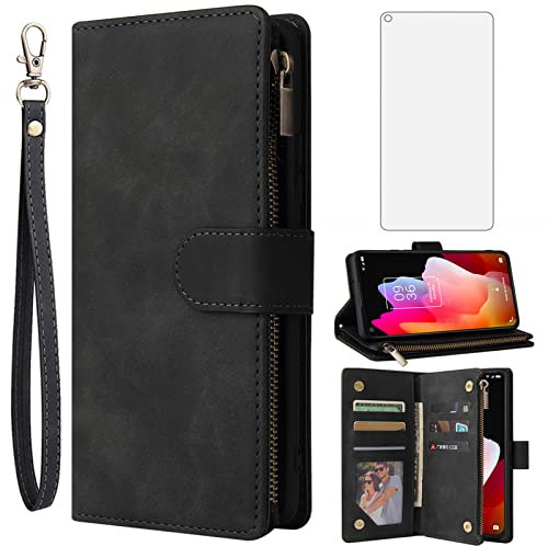Asuwish Compatible with TCL 10L / TCL 10 Lite Wallet Case and Tempered Glass Screen Protector Leather Flip Cover Card Holder Stand Cell Accessories Phone Cases for Android TCL10L TLC 10L Women Black