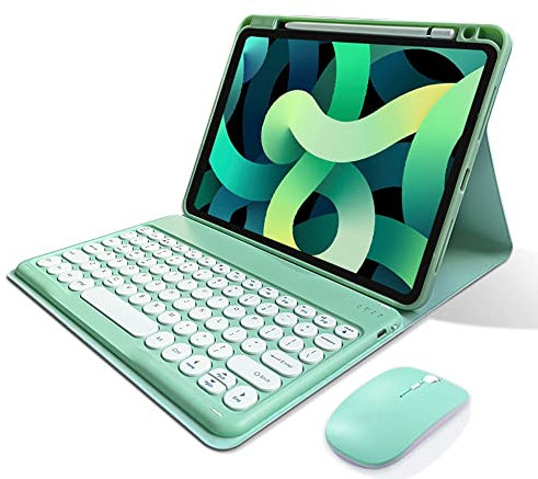 iPad 10th Generation 2022 Keyboard Case with Mouse Cute Round Keys Detachable Bluetooth Keyboard Slim Smart Cover with Pencil Holder (Mint Green)