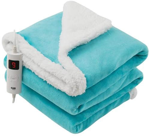 GlamHaus Heated Throw Electric Brown Fleece Over Blanket Sofa Bed Large 160 X 130cm - 9 Heat and Timer Auto Shut Off Soft Reversible Design Digital Control Machine Washable (Scuba Blue) (GH1213TPX)