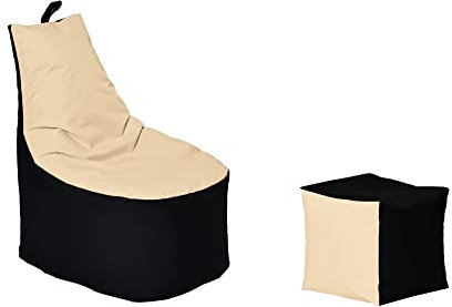 Momiralland Classic Sitzsack XL - XXL mit Hocker Sitzkissen BodenKissen Sessel In- & Outdoor geeignet Gaming Sitzsack für Erwachsene und Kinder… (Schwarz – Beige, XL - Durchmesser 65 cm)