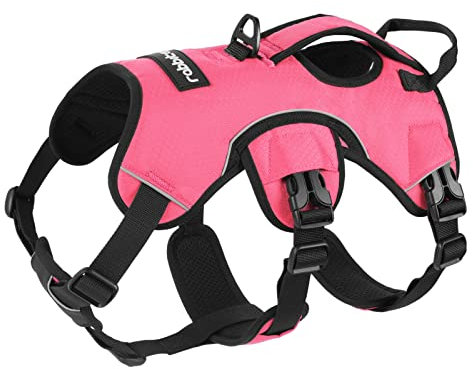 rabbitgoo Ausbruchsicheres Hundegeschirr Grosse Hunde mit Griff, Anti Zug Sicherheitsgeschirr Hund Atmungsaktiv, Verstellbare Brustgeschirr, Gepolstertem Hundeweste, Panikgeschirr, Rosa XL