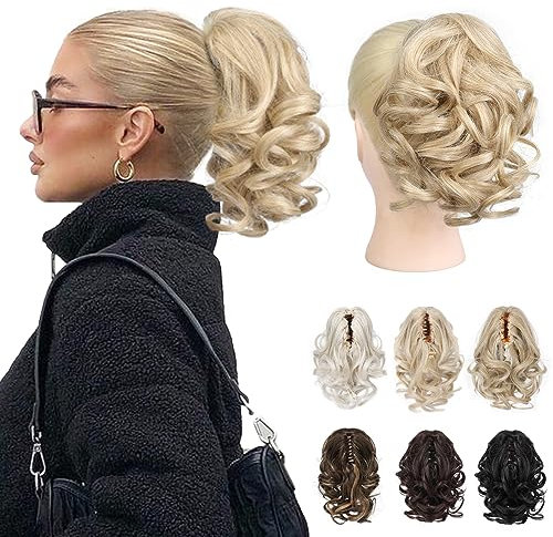 REECHO Ponytail Extension, 23 cm Kurze lockige gewellte Haarklammer Haarteil Pferdeschwänze Haarverlängerungen Haarteile für Frauen Ponytail Extension - Mittelblond