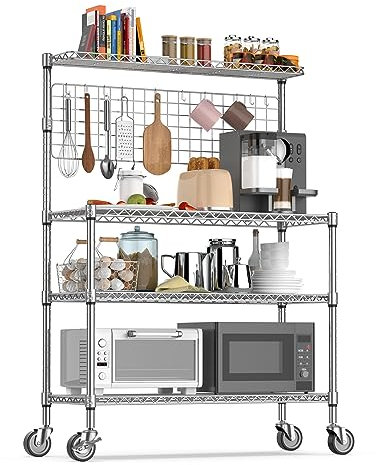 Leteuke Kitchen Bakers Rack, NSF Certified 4-Tier Microwave Stand with Wheels 20 S-Hooks, Adjustable Heavy Duty Storage Rack Commercial Grade Metal Utility Storage Shelf 42× 18× 63 Inches, Chrome