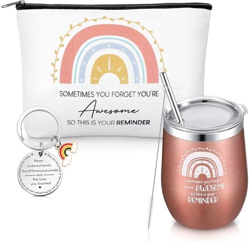Hestya 3 Pcs Inspirational Gifts for Women 12 oz Insulated Wine Tumbler Rainbow Makeup Cosmetic Bag Thank You Keychain Appreciation Gifts for Friend Employee Coworker Teacher Graduation