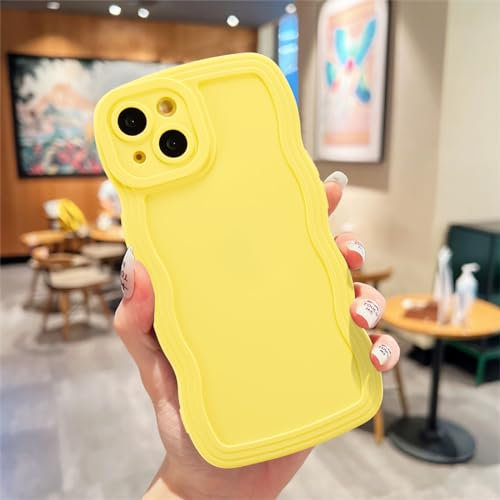UEEBAI Case for iPhone 15 Wave Frame Phone Case, Cute Slicone Slim Fit Shockproof Phone Bumper Cover Soft Pretty Curly Wavy Case Anti-Scratch TPU Case - Yellow