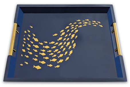 Modern Serving Tray with School of Golden Fish Design Gothic Ottoman Tray, Tea and Coffee Table Tray, Jewelry Bathroom Organizer, Gift, Christmas, Gloss Finish (Navy)