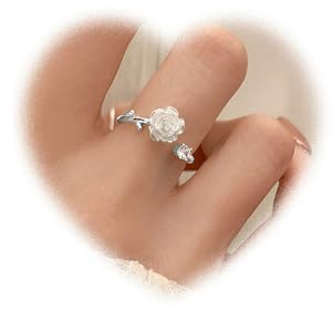 W WEILIRIAN Boho Weiße Blume Ring Weiße Rose Knöchel Ring Rose Blume Stapel Ring Dot Crystal Fingerring Strass Offener Ring Silber Verstellbarer Ring Schmuck für Frauen und Mädchen Geschenke (Silber)
