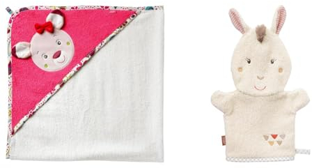 Fehn Badetuch Baby Sweetheart - Badehandtuch Kinder Poncho aus Baumwolle & Waschlappen Lama - Waschhandschuh mit Tiermotiv