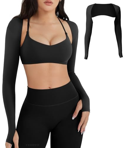 YEOREO Women Crop Top Long Sleeve Bolero Open Front Workout Cropped Shirts Sports Shrug Black S