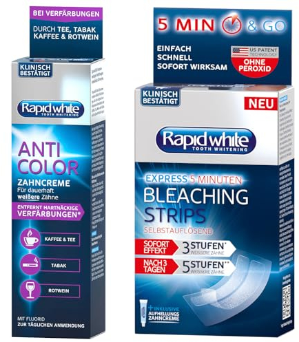 Rapid White Anti Color Zahncreme 75 ml + Rapid White Express Bleaching Strips Set gegen Verfärbungen, für dauerhaft weißere Zähne, Zahnaufhellung für Zuhause