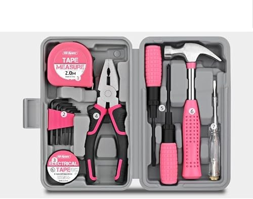 UrbanHomes 24-teiliges Werkzeugset Haushalt DIY Tool Kit für Frauen, Kleine Mini-Werkzeug-Box-Set von Starter grundlegende Damen Werkzeuge für Haus & Büro-Rosa