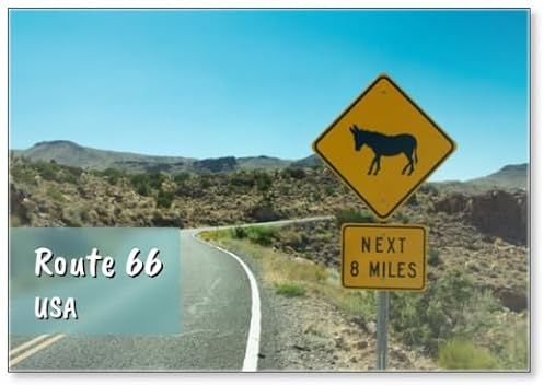 Route 66 Donkey Crossing Schild/Route 66 Rocky Desert Road mit Esel Crossing Schild, lizenzfrei, Kühlschrankmagnet