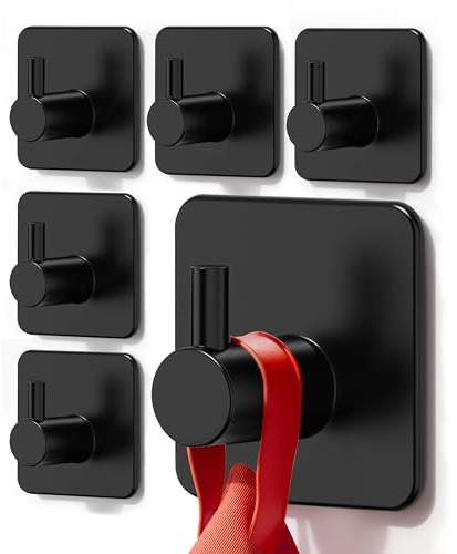 Auxmir 6 Piezas Ganchos Adhesivos para Pared, Acero Inoxidable, Colgador Toallas sin Taladro, Autoadhesivo Extrafuerte, Colgador Adhesivo para Baño Cocina Albornoz Trapos, Negro