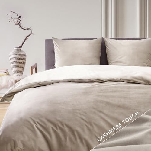 Blumtal Bettwäsche 140x200 cm Cashmere-Touch Plüsch - Oeko-TEX zertifizierter Deckenbezug 140x200 + Kissenbezug 80x80 2X - Kuschelige Winterbettwäsche in Taupe-Beige