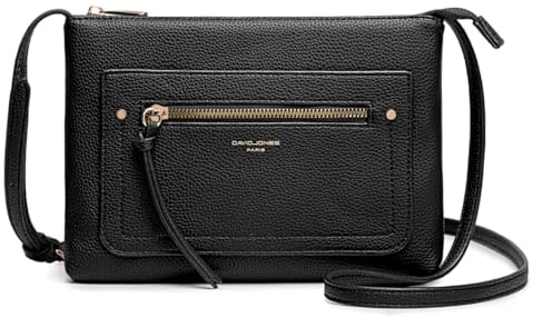 David Jones - Borsa a tracolla da donna - Borsa piatta piccola borsetta indossata a spalla in similpelle PU - Borsa classica elegante città - Borsa 2 tasche per telefono shopping da viaggio, Nero ,