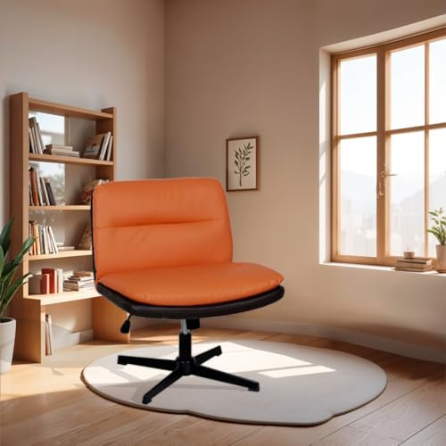 Fullwatt Bürostuhl Ohne Armlehnen Schreibtischstuhl ohne Räder Höhenverstellbar Drehstuhl Bürostuhl mit überkreuzten Beinen Lesesessel mit breiterem Kissen zum Sitzen (Orange Farbe, Ohne Fußstütze)