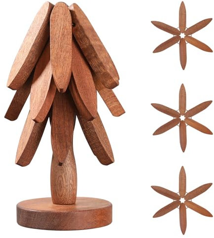 Markcco Dessous de Plats en boi pour Plats Chauds, 3 Dessous de Plats en Bois + 1 Support rangé comme Un Sapin de Noël, Dessous de Plat en Bois sapelli pour casseroles Chaudes, poêles, Bol, théière