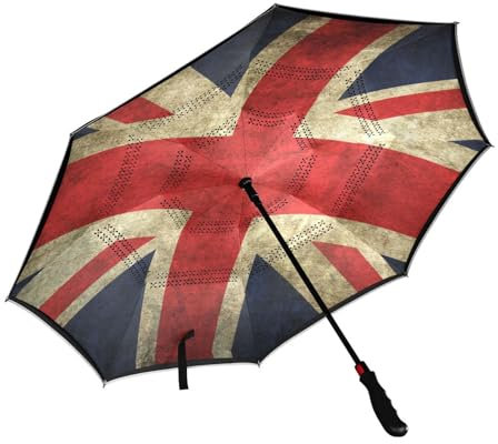 ISAOA Large Golf Umbrella Anti-UV Folding Inverted Umbrella,C-Shape Handle,Strong and Windproof Umbrella with Double Layer Fabric,Lovely British Flag Union Jack Umbrella