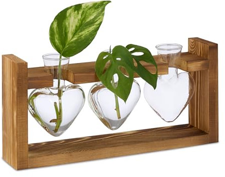Relaxdays Reagenzglas Vase, Glasvasen Herz mit Halterung, Blumen & Pflanzen, HxBxT: 13x28x6,5 cm, transparent/Natur
