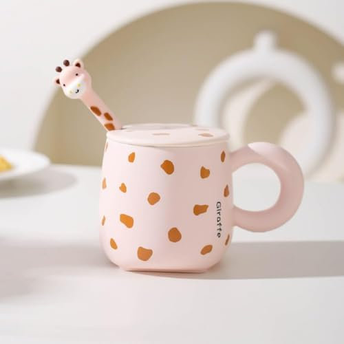 Huiyiwert Taza de café con diseño de jirafa, de cerámica, con tapa y cuchara, diseño de jirafa, taza de café, regalos divertidos para niños, niñas, mujeres, hombres, amigos (rosa)