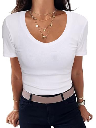 Aottori White Summer Tops for Women UK Short Sleeve T Shirts Ladies V Neck Ribbed Slim Fit Tee Shirts Casual Lightweight Basic Tunic Top White XXL