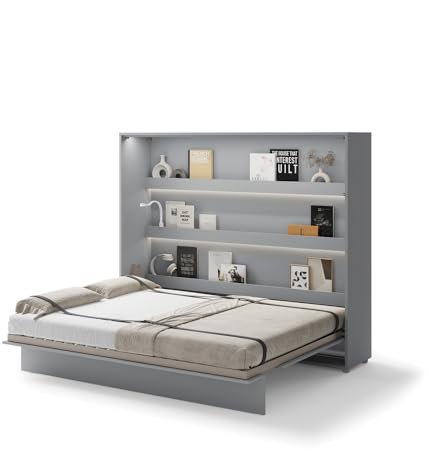 Friderik Bed Concept BC-14 Wandklappbett Horizontal Schrankbett mit Matratze und mit LED-Beleuchtung, 160x200 cm (Grau)