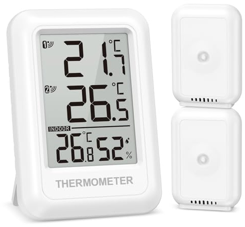 OQIMAX Thermometer Hygrometer mit 2 Sensoren, Außenthermometer mit 100M/328FT Übertragungsreichweite, MAX/MIN Zeigen, Temperatur und ℃/℉ Schalter thermometer innen außen für Büro, Haus