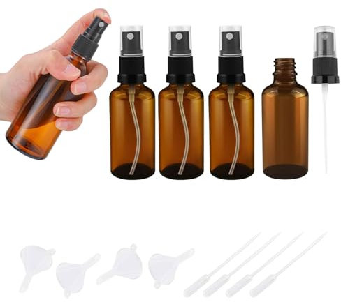 Comioke 50 ml Flacon Pulvérisateur en Verre Ambré,4 Pièce Vaporisateur Spray Vide Verre Ambre,Flacon Spray Vide avec Entonnoir et Goutteurs,pour Huiles Essentielles,Aromathérapie,Parfums,Nettoyage
