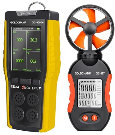 4-in-1 Gas Detector for Combustible/O2/H2S/CO, Sound/Light/Vibration Alarm & LCD Display Gas Leak Detectors for Home + Handheld Anemometer, 5 Units & ℃/℉ Switch, Wind Speed Tester for HVAC GOLDCHAMP