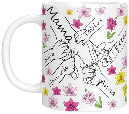 LIEBTASTISCH - Personalisierte Tasse für Mama oder Oma - Geschenk zum Muttertag, Geburtstag, Weihnachten, von Enkelkinder - Bis zu 6 Kinder (Orchideen)