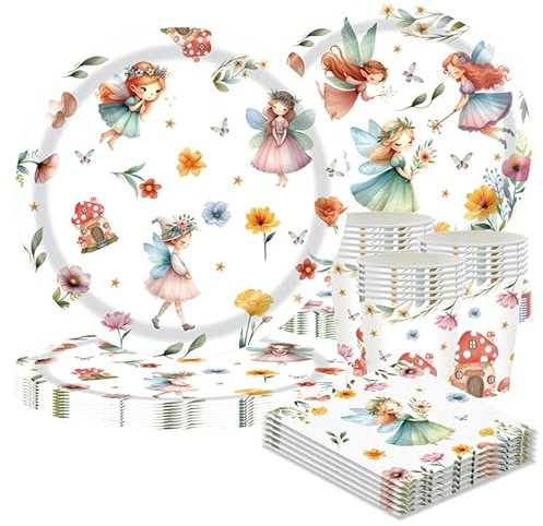 Fairy Butterfly Party Tableware Set for 10 Guests - 50 Pieces Paper Plates 9 inches / 7 inches, Cups, Napkins - Fairies Birthday Decoration Girls Butterfly Party Elves Theme Party Forest Fairy Party