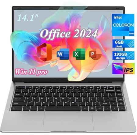XHWELL Ordinateur Portable 14.1 Laptop, Office 2024, Win11 Pro HD IPS Display Ultra Thin, 6 Go de RAM, 192 Go de Stockage, Intel Celeron N Series Notebook PC Computer, WiFi 5/BT4.2/USB3.0 Silver