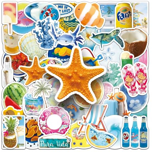 50 PCS Stickers for Beach,Ocean Marine Life Sticker Pack Vinyl Skateboard Guitar Door Laptop Luggage Car Bike Water Bottle Birthday Party Supplies Teens Boys and Girls Decals
