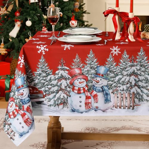 Softalker tovaglia natalizia rossa rettangolare 140x180 cm tovaglie 6 posti antimacchia con fiocchi di neve pupazzo di neve bianco e albero di Natale ideale per capodanno, esterno, giardino, salone