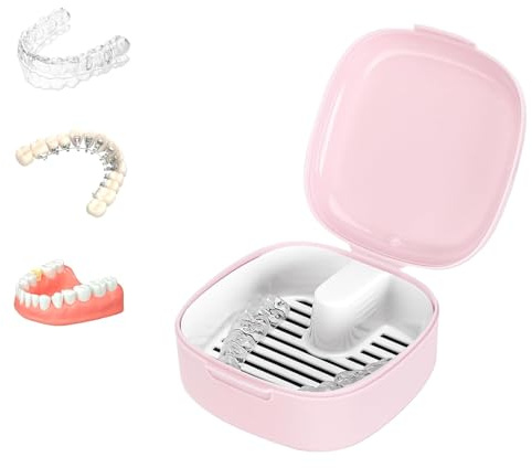 Zahnprothesenbox Mit Sieb,Tragbare Prothesendose Abdeckung,Zahnspangendose Gebissdose,Zahnprothese Box Retainer,Protesenbehälter Zahnschiene Box,Fur Halterung,Reinigungsbox (Rosa)