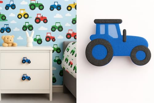 6-Pack Tractor Theme Children’s Door Knobs – Pull Handles for Drawers & Cupboards – Nursery, Playroom, Bedroom Decor (4.3cm x 6.5 cm) Blue