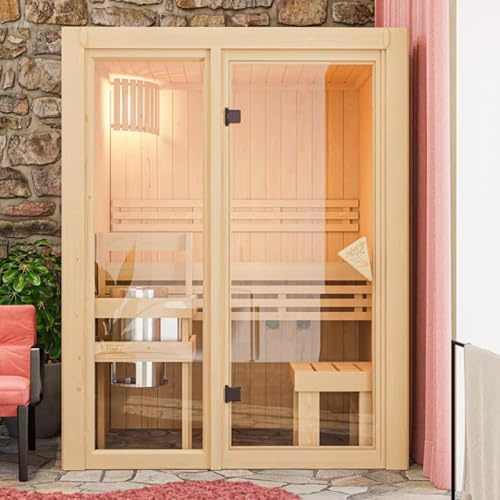 Karibu Sauna d'Intérieur Avari 1 | 1-2 Places, Bois Massif, Façade Vitrée | Poêle 3,6KW, Banc en Tremble, Isolation Laine Minérale | Dimensions 155x122cm