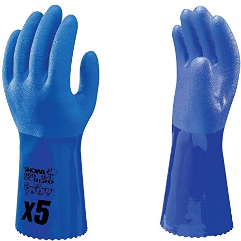 SHOWA 660 Baumwollträgergewebe Chemikalienschutzhandschuh mit kompletter PVC Beschichtung und besonders rauem Finish, Blau, 5 paar, Größe M (8)