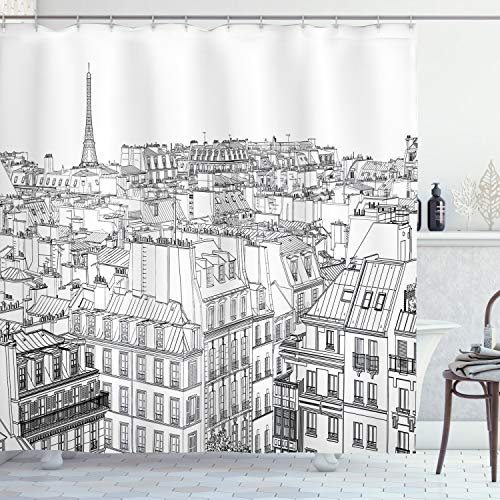 ABAKUHAUS Paris Rideau de Douche, Toits à Paris et Eiffel, Tissu Ensemble de Décor de Salle de Bain avec Crochets, 175 cm x 200 cm, Noir et Blanc