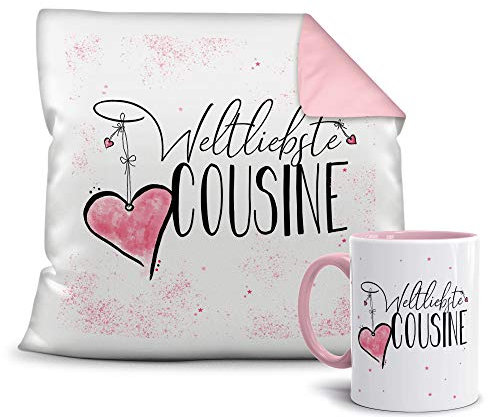 Geschenkset für die Weltbeste Cousine - Tasse und Kissen - Altrosa/Verwandte/Geschenk-Idee/Liebling/Familie