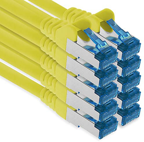 1aTTack.de 10m - CAT.6 - Cavo di rete LAN Ethernet Gigabit RJ45 CAT 6 Cavo patch A 10000 Mbit s Sftp Pimf 500 MHz compatibile con CAT5 CAT6 CAT7 Cat8 giallo - 10 pezzi