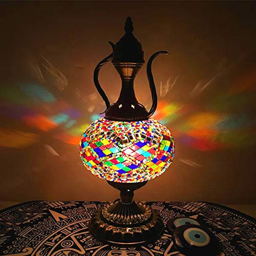 Turkish Mosaic Table Lamp Teapot Moroccan Desk Lights Bohemia Handmade Glass Night Light for Living Room Dining Room Dressing Table Cafe Bar Hotel Decorative, E14,D