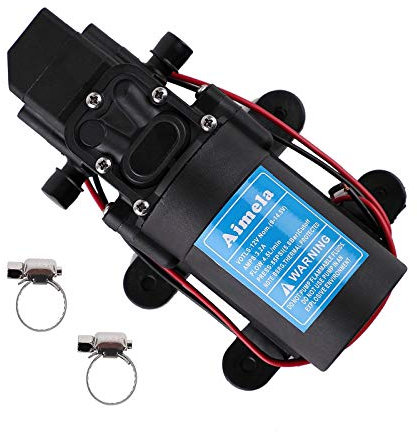 Aimela 12V DC Fresh Water Pump with 2 Hose Clamps,Self Priming Sprayer Pump with Pressure Switch,12 Volt High Pressure Diaphragm Pump 4.5 L/Min 1.2 GPM 85 PSI Adjustable for RV Camper Marine Boat Lawn
