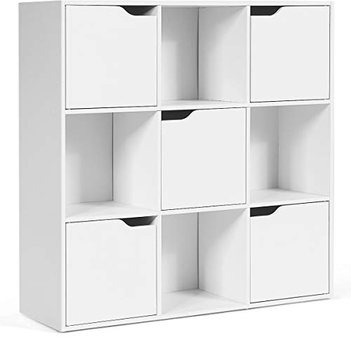 GIANTEX Bücherschrank mit 9 Fächern, Bücherschrank Würfelregal mit 5 Türen, Holz Standregal Büroregal freistehend, Aufbewahrungsregal Aktenregal Ordnerregal für Bücher, 90x29x90 cm (weiß)