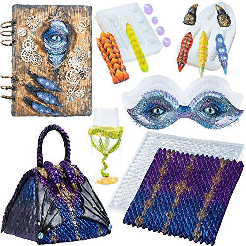 Drachen Silikonform Set, Drachenkralle-, augen, rückenflossen,-schuppen Epoxidharz Formen für Tortendeko, Schokolade, Notizbuch, Fondant, DIY Handwerk, 4 Packungen, 9 Muster, Fertighöhe:1-11.7cm